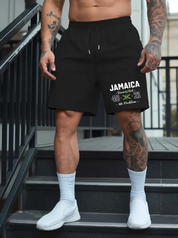 Men's Jamaica-Inspired Casual Shorts - Lightweight Polyester, Drawstring Waist, Trendy Summer Beach & Sports Wear, Gray with Bold Jamaica Graphic