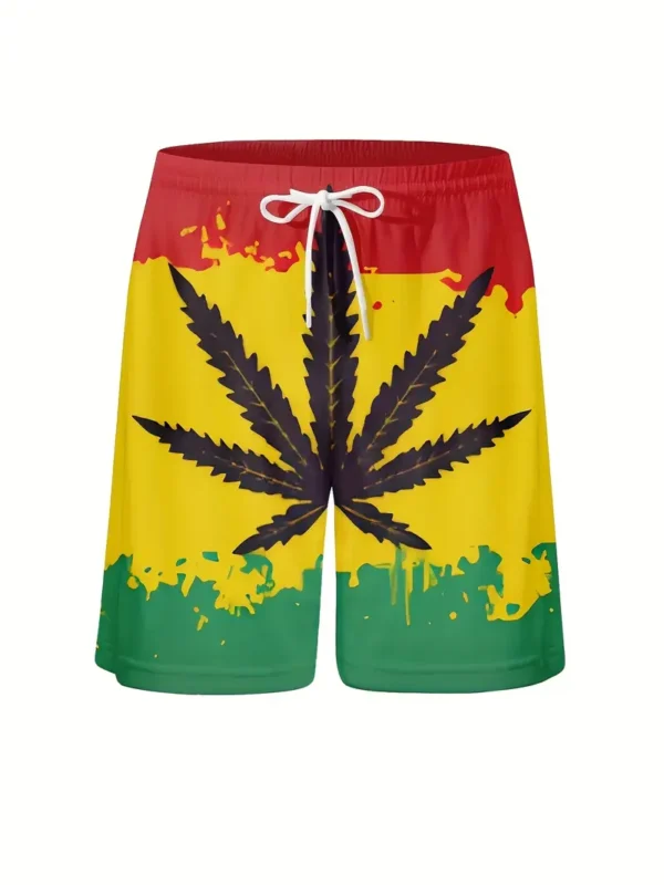 Men'S Casual Stylish Beach Shorts with 3D Red, Yellow, And Green Maple Leaf Digital Print. - Image 2