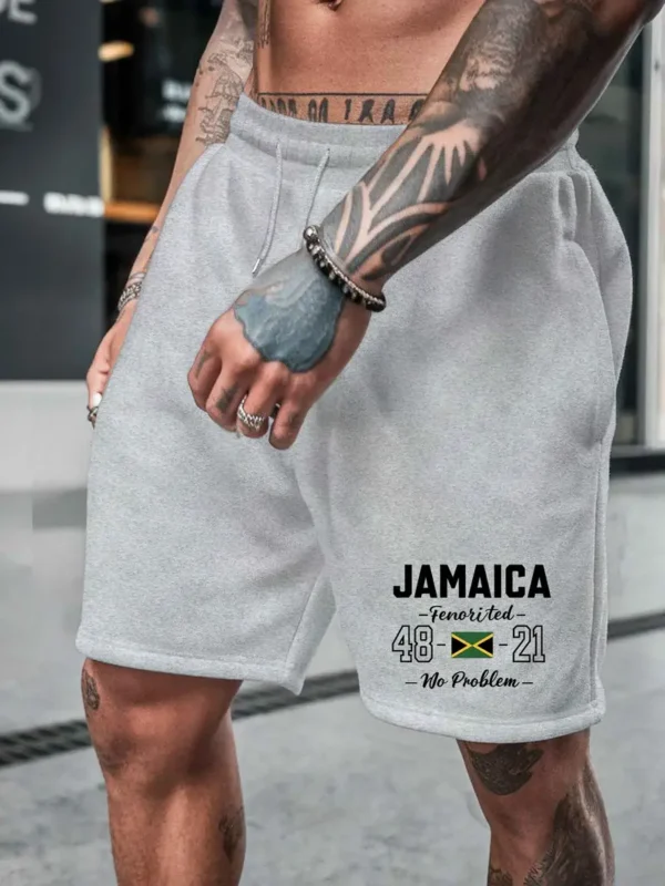 Men's Jamaica-Inspired Casual Shorts - Lightweight Polyester, Drawstring Waist, Trendy Summer Beach & Sports Wear, Gray with Bold Jamaica Graphic - Image 11