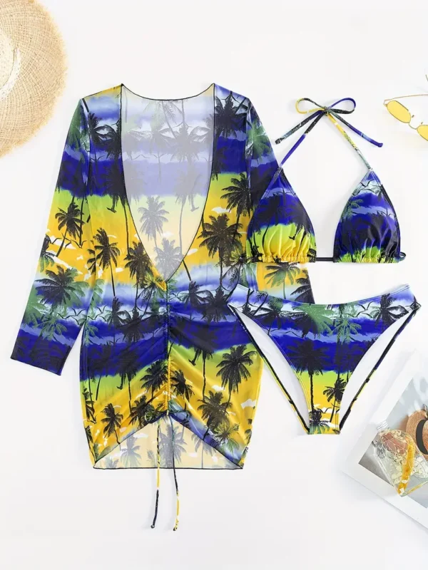 3pcs Bikini Set + Mesh Cover-up with Palm Tree Print - Image 4