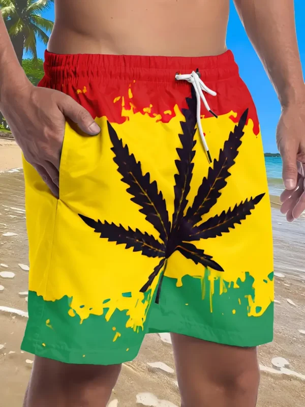 Men'S Casual Stylish Beach Shorts with 3D Red, Yellow, And Green Maple Leaf Digital Print. - Image 3