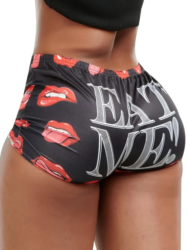 Summer Women'S Tight Elastic Casual Shorts, Lips Letters Print Hot Pants, High Elastic Wild Pants, Loose Belt, Breathable Polyester Blend, Suitable For Playing And Jogging Exercise