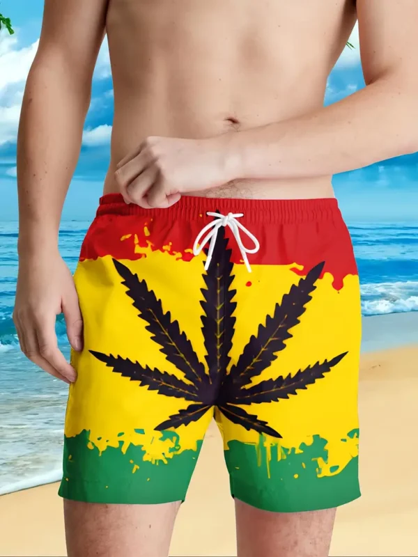 Men'S Casual Stylish Beach Shorts with 3D Red, Yellow, And Green Maple Leaf Digital Print.