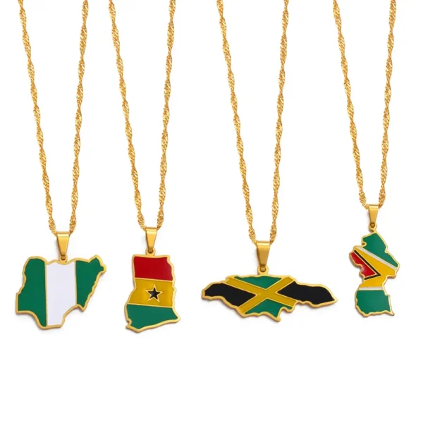 Nigeria Ghana Jamaica Guyana Map Flag Pendant Necklaces for Women Girls Stainless Steel Country Map Jewelry #122921