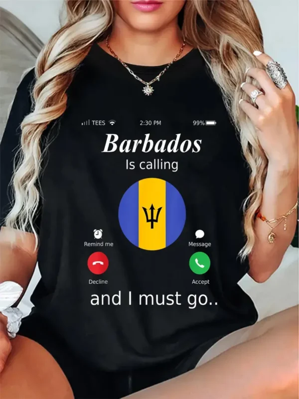 Barbados Flag & "Barbados is Calling" Humorous Graphic T-Shirt - Casual, Short Sleeve, Round Neck - Perfect for Events & Gifts