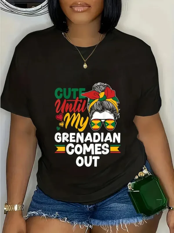 180g Grenada Flag Graphic Tee - "Cute Until My Grenadian Comes Out" Women's Casual T-Shirt, Short Sleeve Crew Neck, Black with Colorful Print, Lightweight & Breathable Fabric